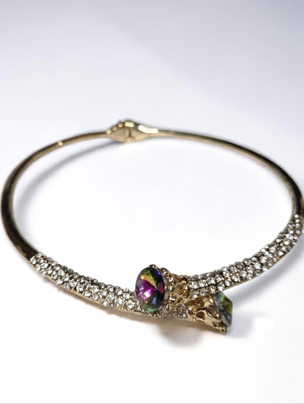 Luxury Gold Plated Rivoli Watermelon Volcano Crystal Bypass Torque Necklace